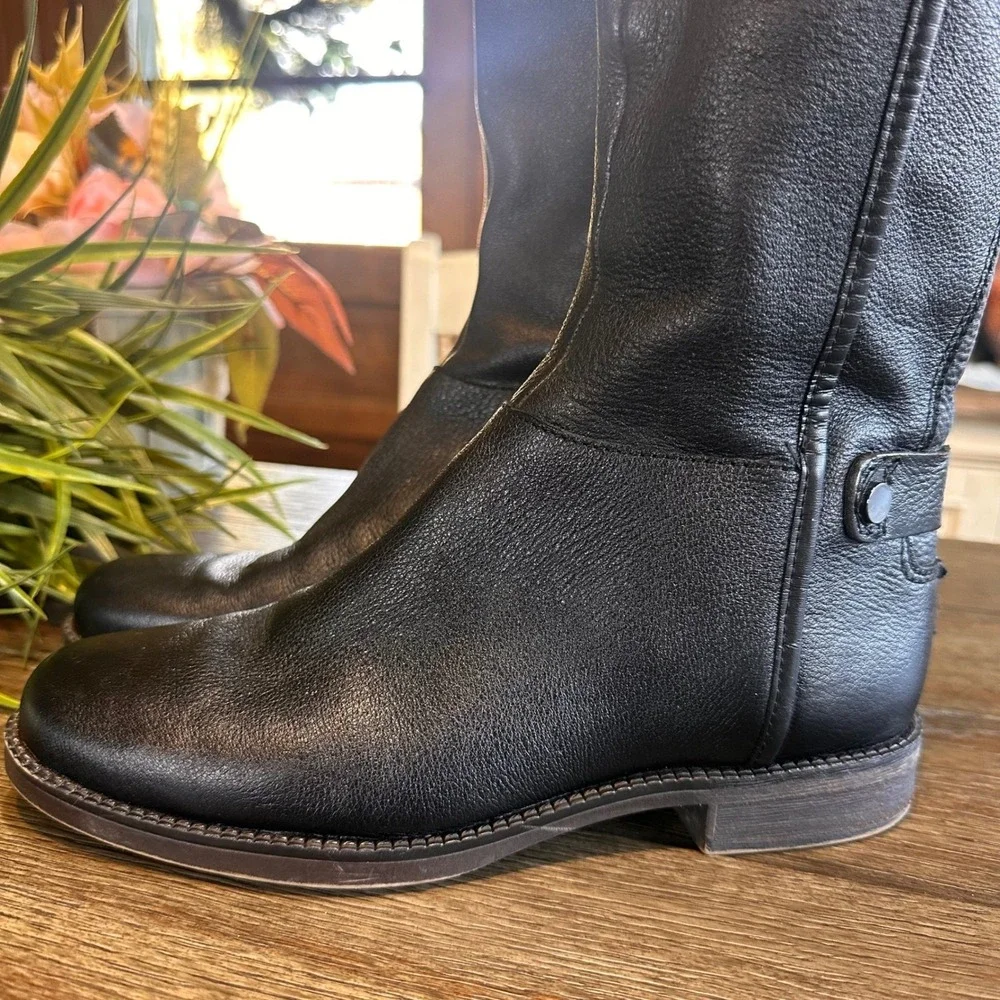 Franco Sarto Black Leather Riding Tall Boots Zip Buckle‎ Block Heel Womens 5.5